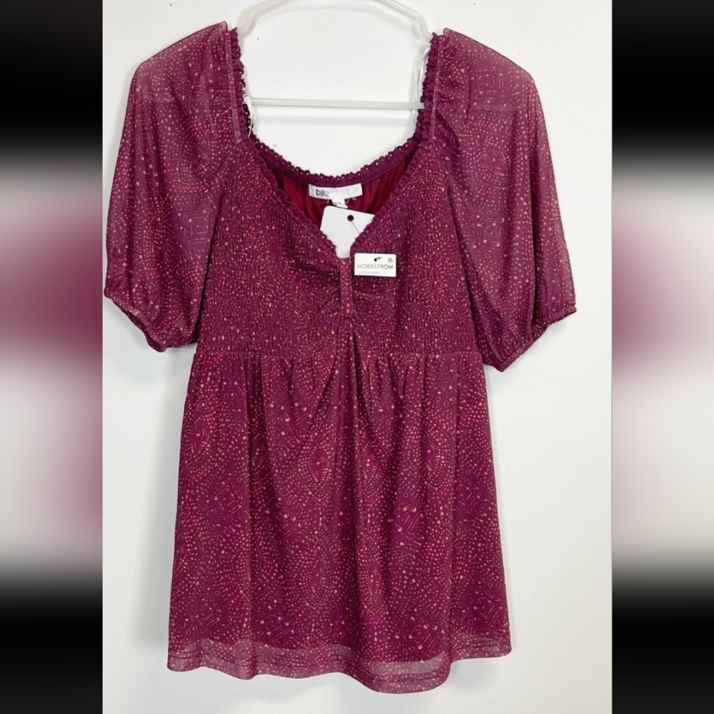 DR2 Pink and Purple Puff Sleeve Blouse with Smocked Ruffles